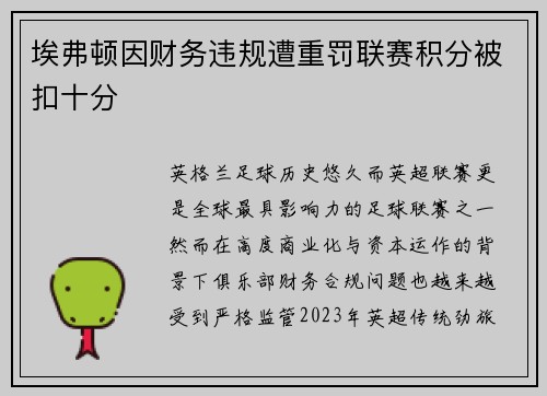 埃弗顿因财务违规遭重罚联赛积分被扣十分